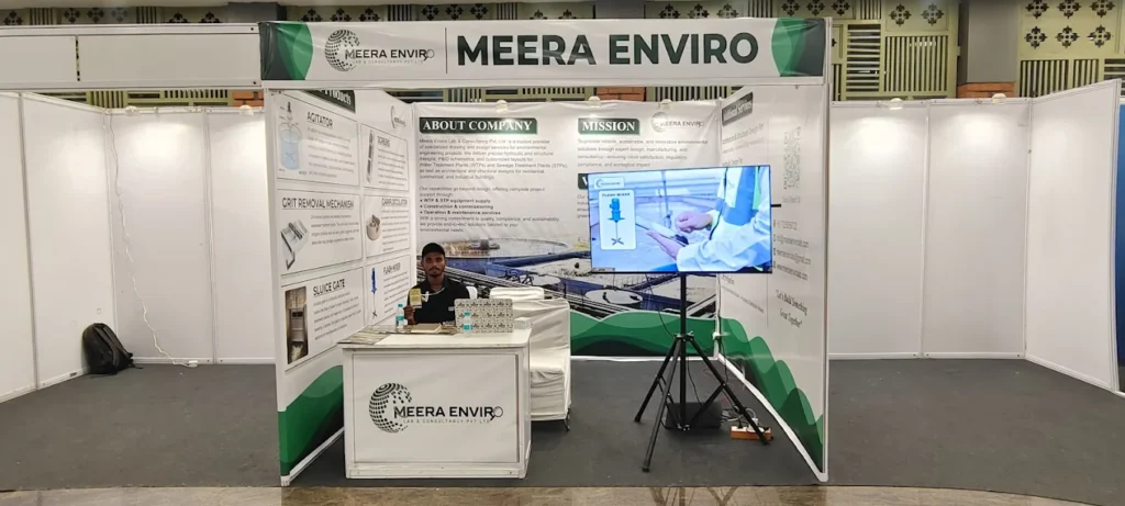 An exhibition booth displaying Meera Enviro Environmental Solutions.