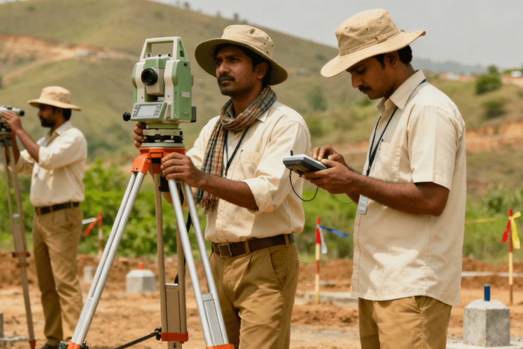 Survey team using total station for topographic survey to determine and record land elevation and layout.