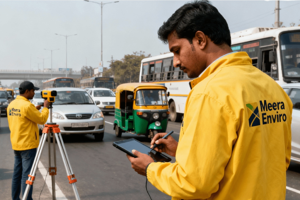 Technicians during traffic survey for road planning are noting and analyzing patterns and movements of vehicles.