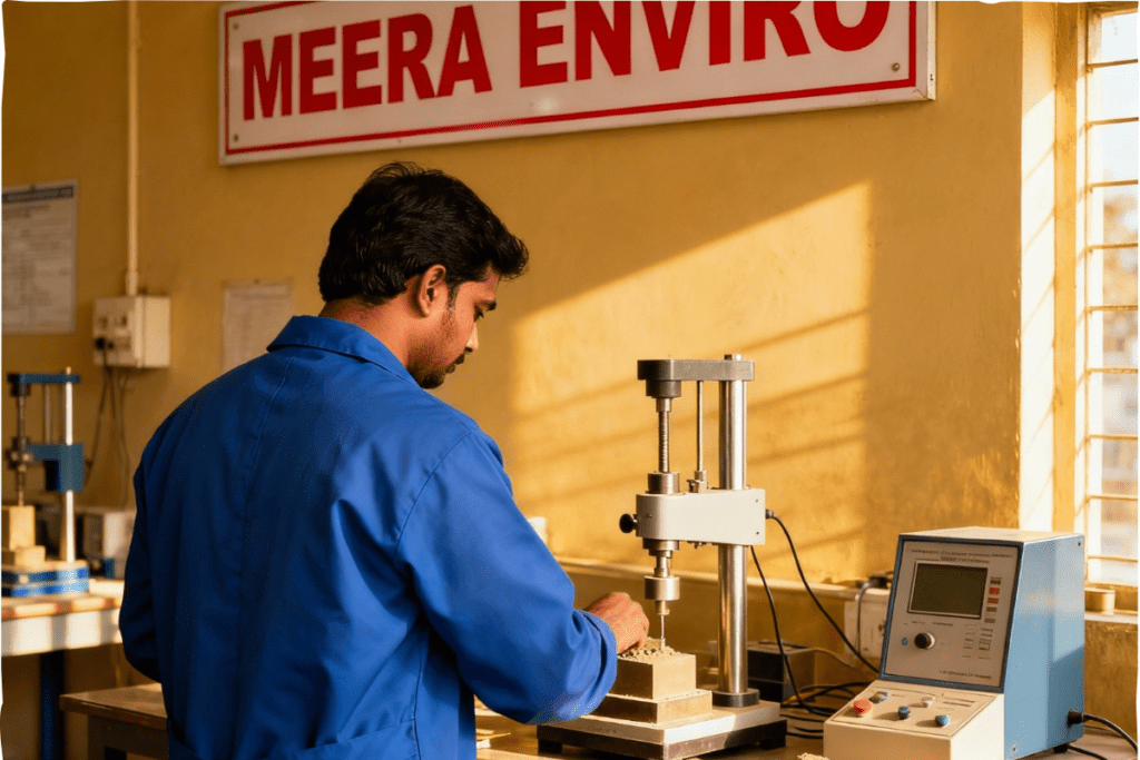Meera Enviro Consultancy environmental testing lab soil testing for construction. Technicians are testing and sampling soil for construction