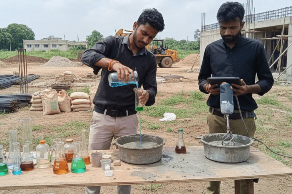 Laboratory engineer analyzing construction concrete for chemical admixtures to determine reactivity and performance