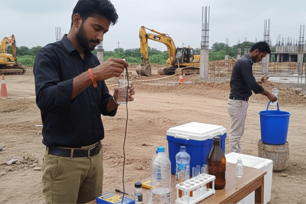 Engineer analyzing construction water for quality, pH, and suitability for concrete to perform water testing.