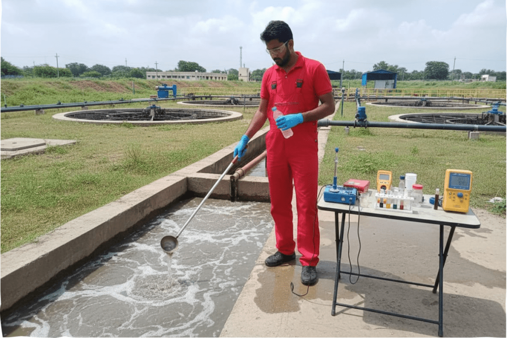 Sewage effluents are analysed by a lab specialist to ascertain the level of contamination and the extent of treatment.