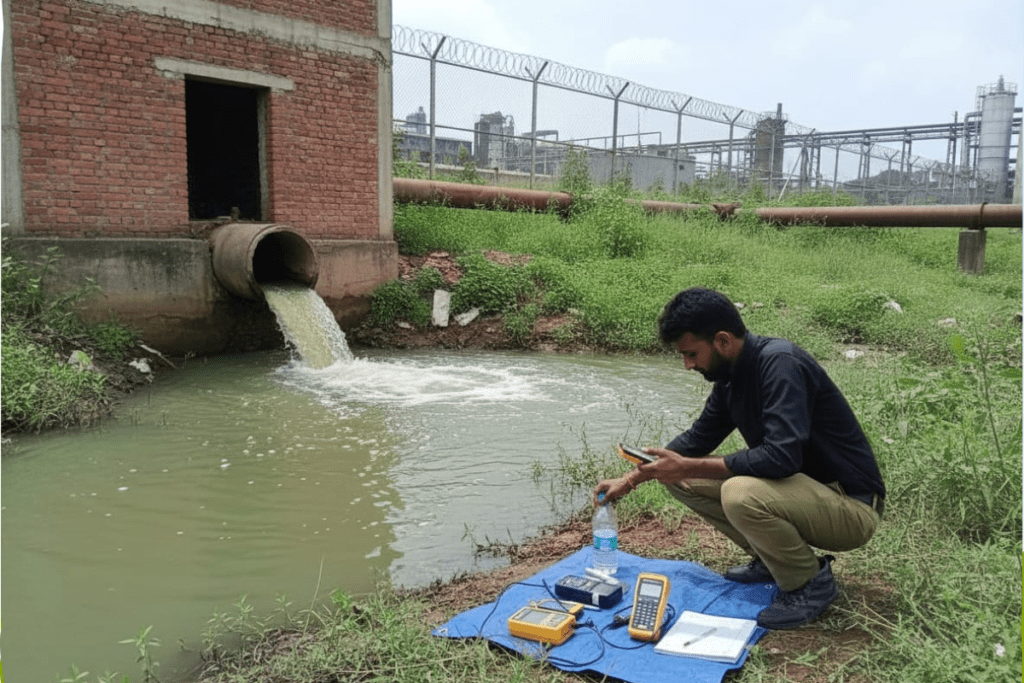 A guy examining industrial wastewater samples to assess discharge quality and contaminants.