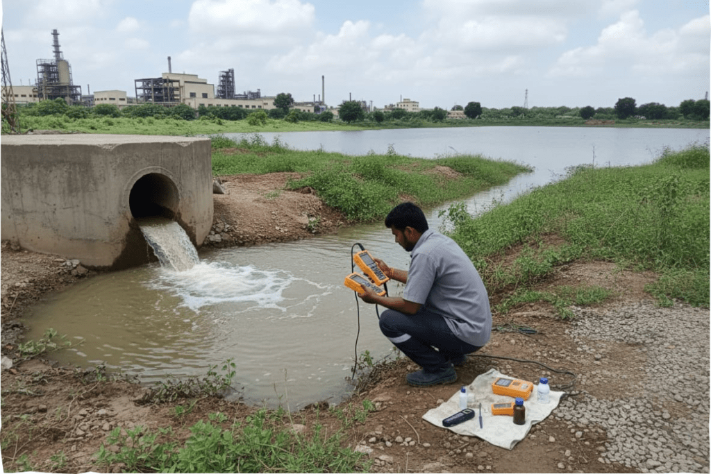 Industrial water samples are examined by an analyst to ascertain their composition and suitability for treatment.