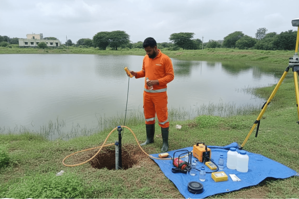 Samples of surface and groundwater have been gathered by a field crew in order to conduct an environmental evaluation.