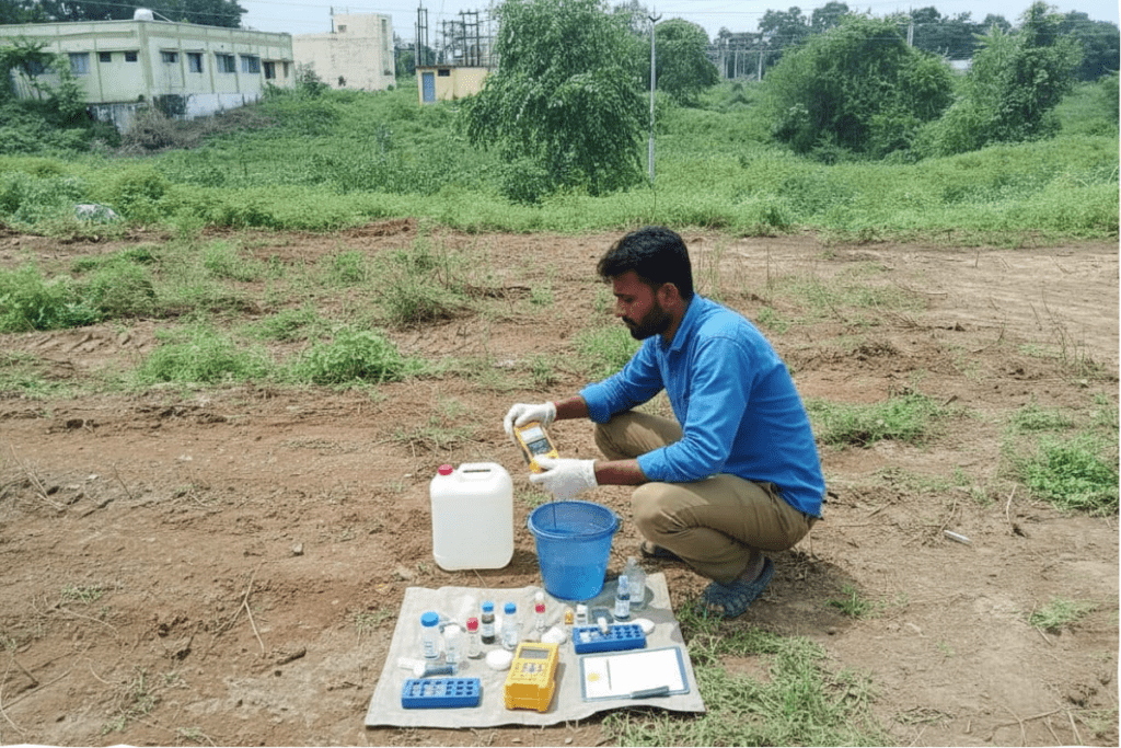 A technician checks the pH, hardness, and microbiological safety of drinking water.