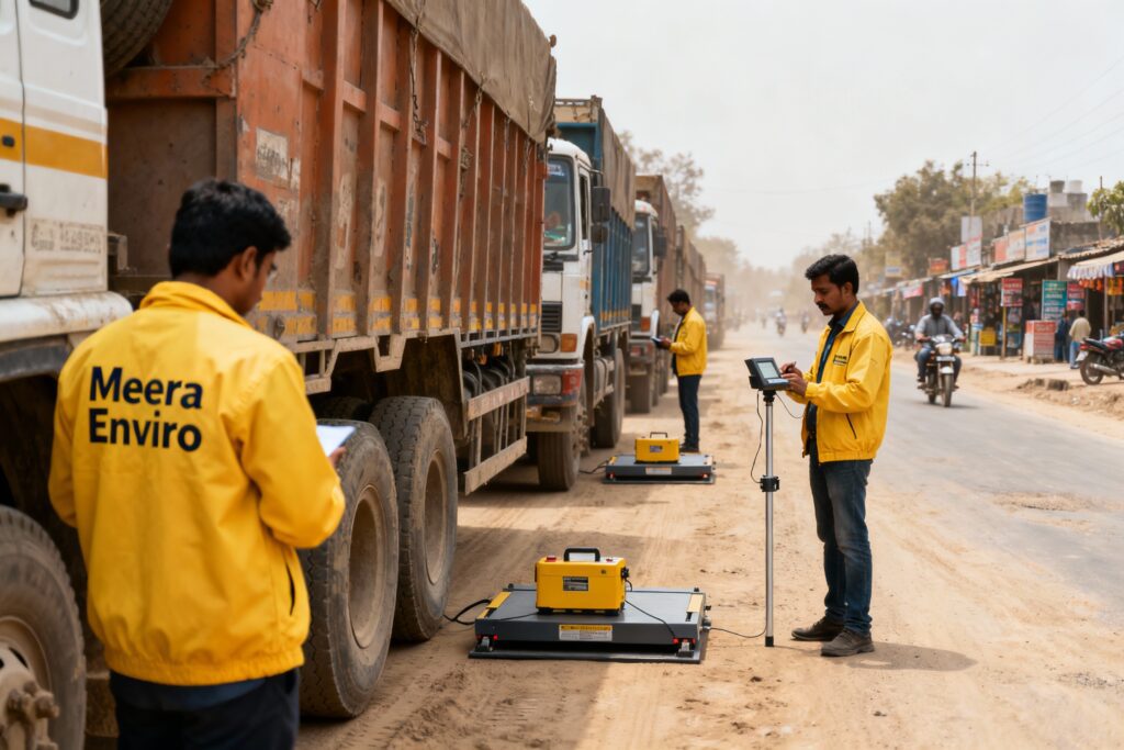 Engineers conducting load axle survey to determine and record vehicle axle loads for highway and pavement design.