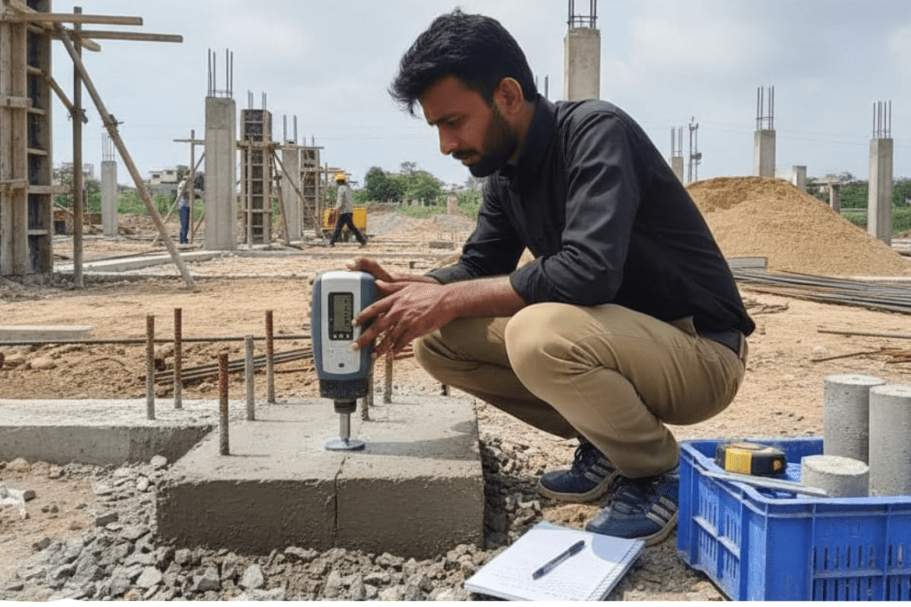 Technicians conducting strength concrete testing damages and quality of to check durability construction materials.