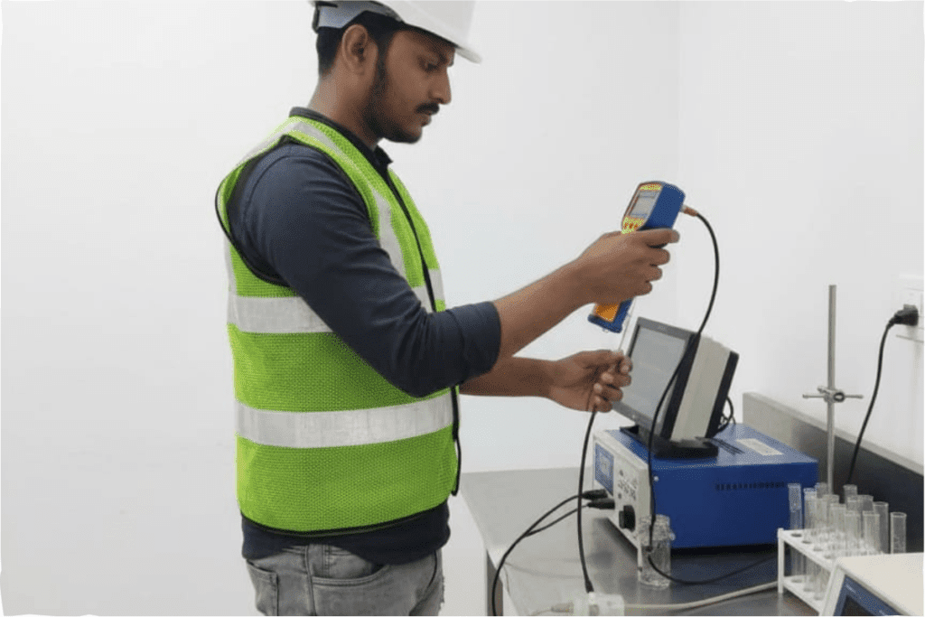 An environmental analyst using an air sampler to collect and analyze dust and gas samples.