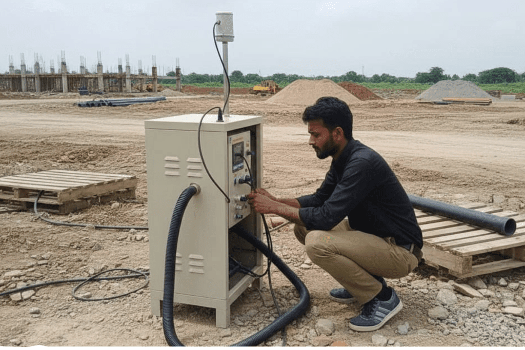 A person inspecting the quality of the air using an air quality monitoring device that measures the extent of pollution.