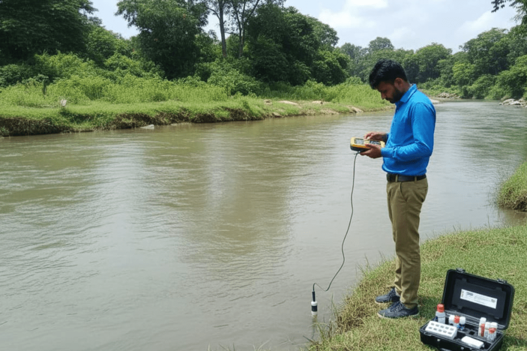 A technician assessing the quality of water samples to determine levels of pH, total dissolved solids and other contaminants.