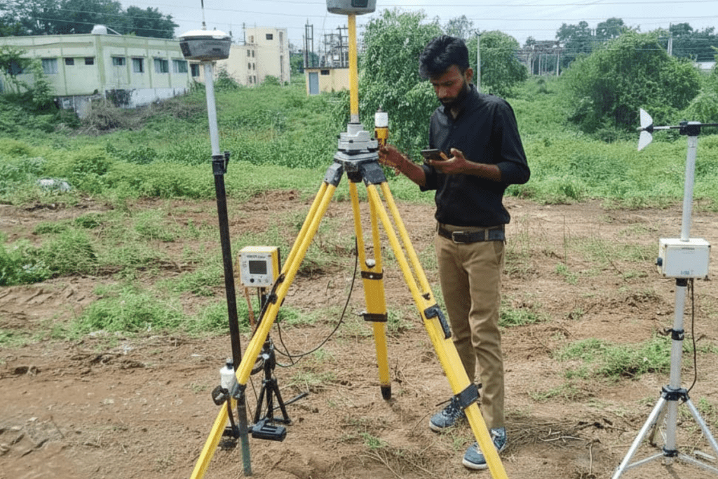 A survey team assessing the quality of air to determine the concentration of dust, various gases, and other pollutants.