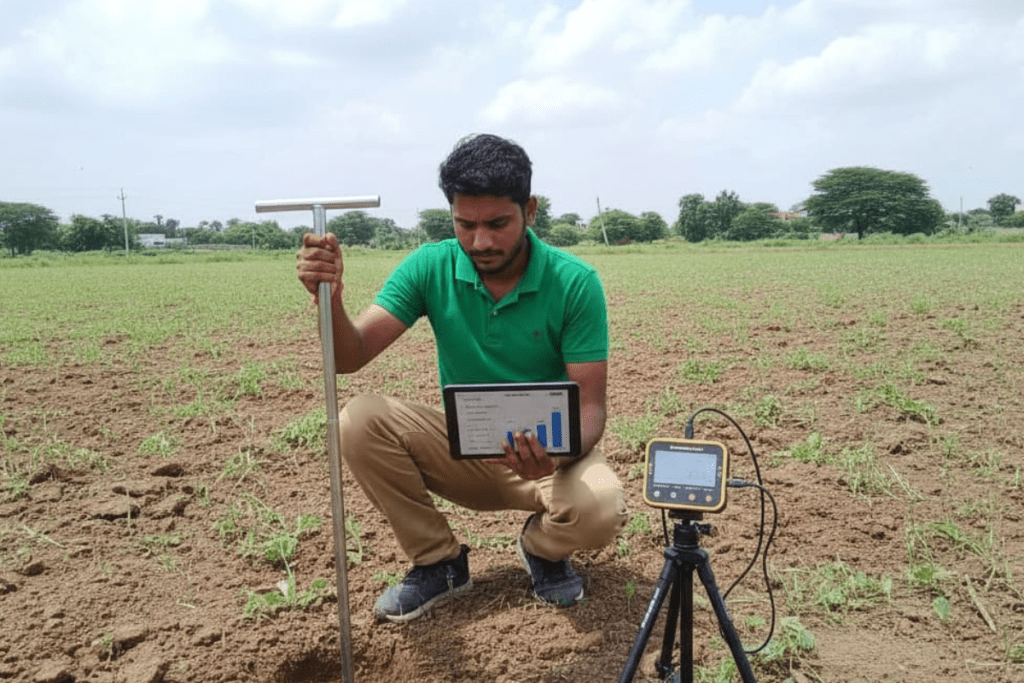 An engineer conducting a soil test to determine the soil structure and the degree of environmental quality.