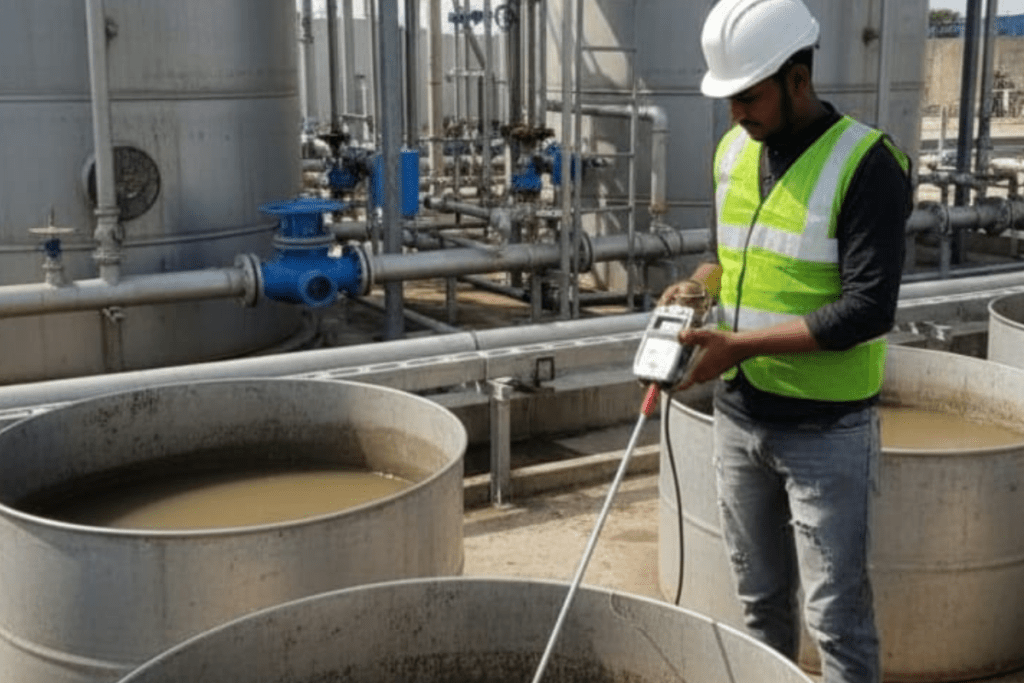 A field sampler conducting a moisture and composition study of sludge to evaluate levels of containment.
