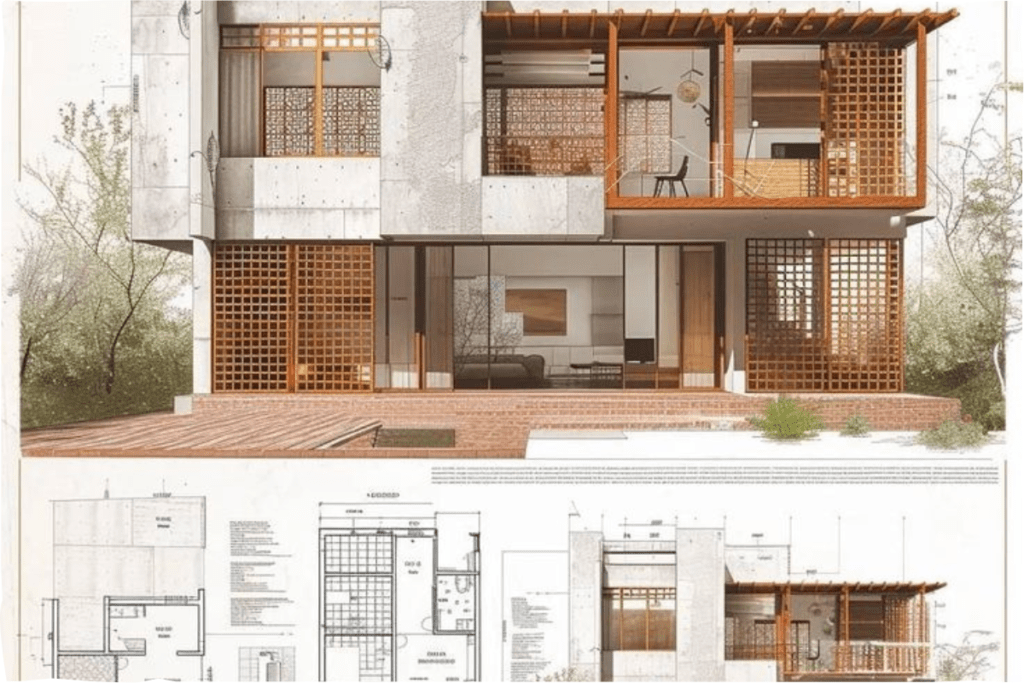 An architectural rendering of a modern home with a polished elevation, complemented by a comprehensive and organized set of floor plans.