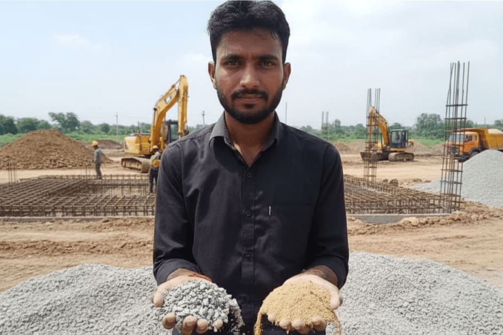 Technicians testing on construction materials aggregate coarse and samples fine for quality and grading.